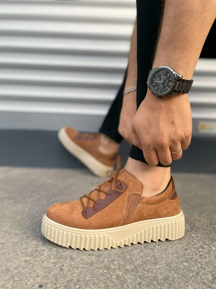 JY502 Bold Bağcıklı Süet Erkek Günlük Sneaker Ayakkabı SKT - Taba - Resim 3