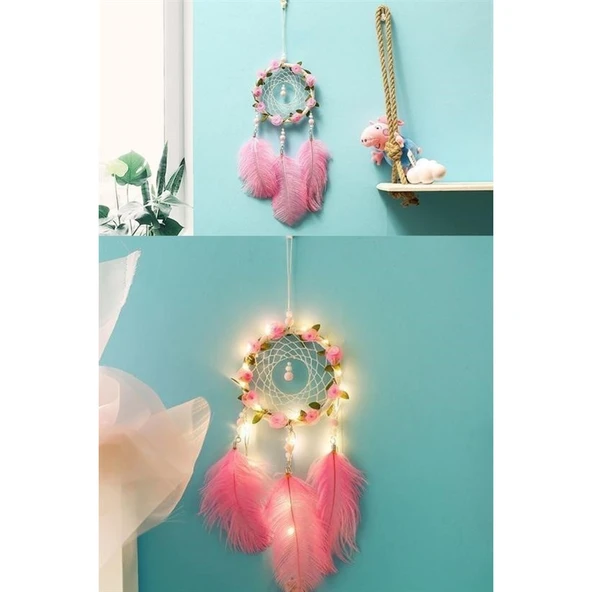 Buffer® El Yapımı Kuş Tüyü Ve Led Işıklı Dekoratif Asma Düş Rüya Kapanı - 6