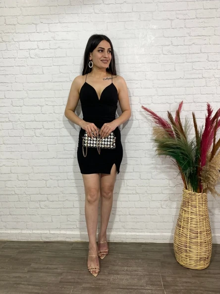 Kadın Derin V Yaka Sırt Dekolteli Fırsat Ürün Mini Elbise - Resim 5