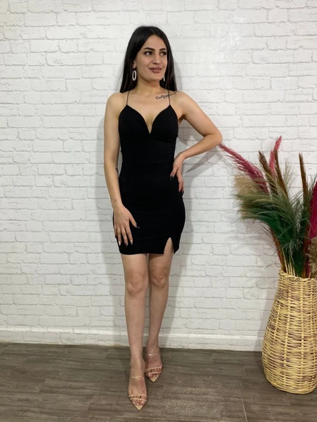 Kadın Derin V Yaka Sırt Dekolteli Fırsat Ürün Mini Elbise - Resim 3