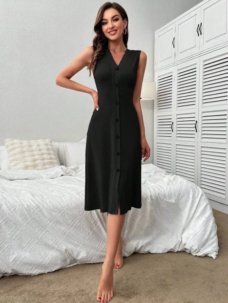 Kadın V Yakalı önden Düğmeli Kaşkorse Elbise - Resim 2