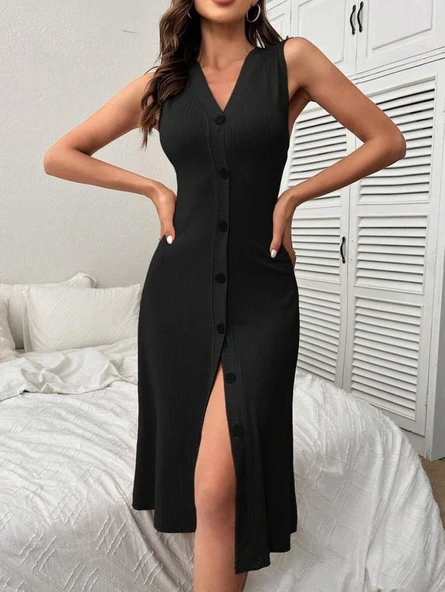 Kadın V Yakalı önden Düğmeli Kaşkorse Elbise - Resim 5