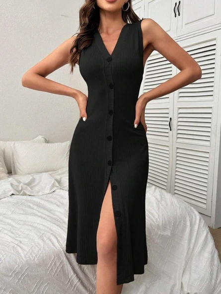 Kadın V Yakalı önden Düğmeli Kaşkorse Elbise ürün görseli