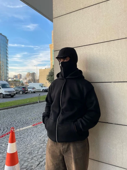 Samuray Kapüşonlu ZIP Fermuarlı Kapüşonlu SweatShirt - Siyah ürün görseli