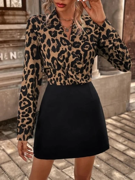 Kadın Uzun Kollu Kruvaze Yaka Krep Mini Boy Elbise - Resim 3