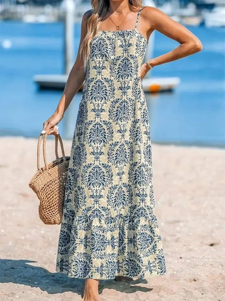 Kadın Ip Askılı Desenli Fırfırlı Süprem Elbise - Resim 5