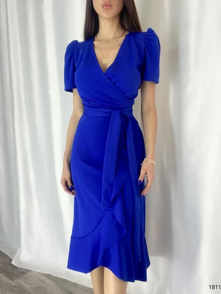 Kadın Kruvaze Yaka Midi Boy Kuşaklı Krep Elbise 120 Cm - Resim 6