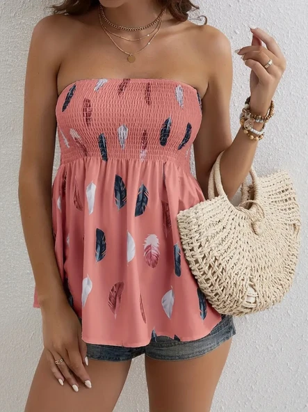 Kadın Yaprak Desenli Göğsü Gipeli Mosskrep Straplez Bluz - Resim 4