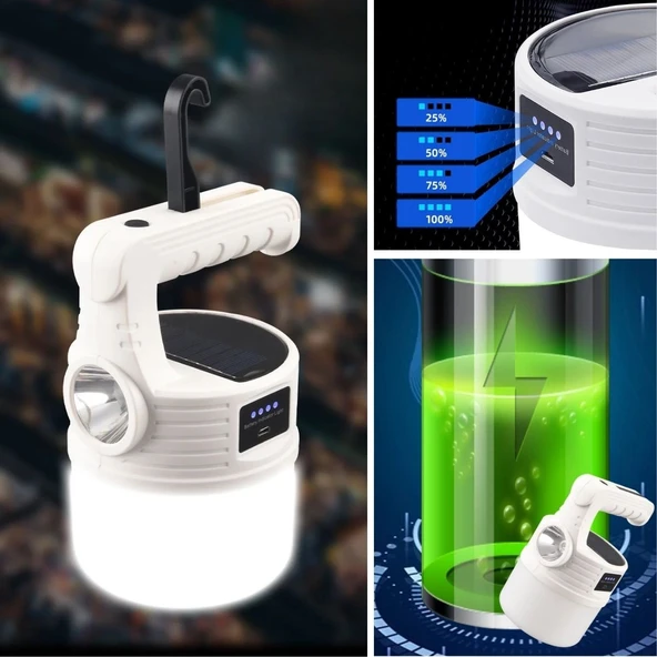 BUFFER® LED Güneş Enerjili Kamp Lambası–2000 Lümen Süper Parlak, 5 Aydınlatma Modlu,USB ile Şarj Edilebilir Dış Mekan,Asılabilir Torch El Feneri - 2