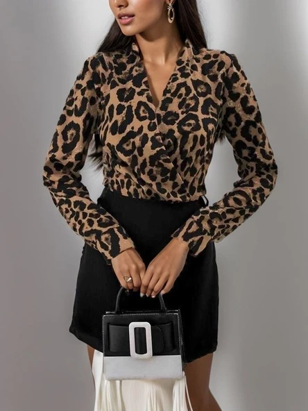 Kadın Uzun Kollu Kruvaze Yaka Krep Mini Boy Elbise - Resim 7