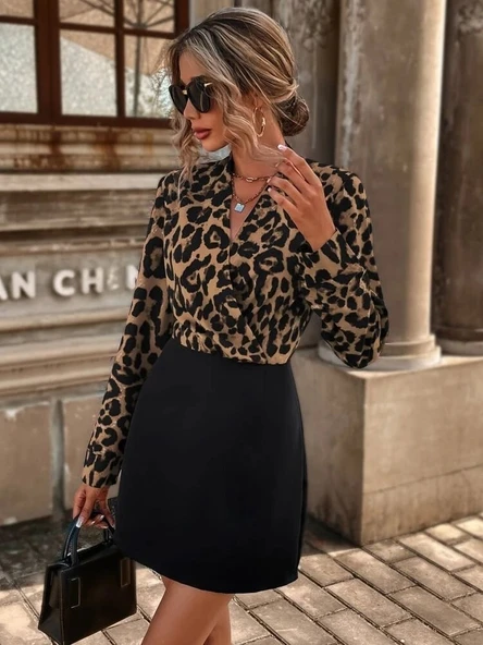 Kadın Uzun Kollu Kruvaze Yaka Krep Mini Boy Elbise - Resim 4