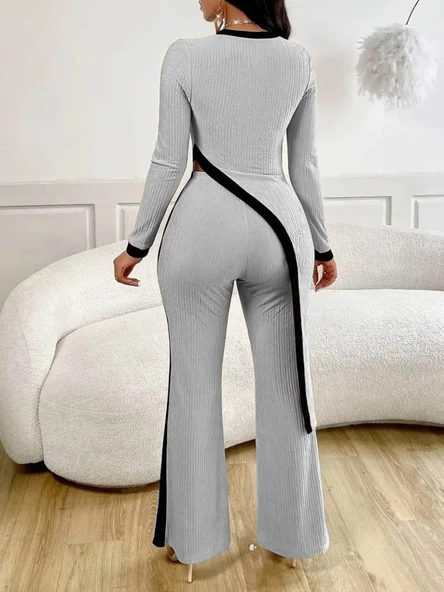 Kadın Uzun Kollu Bisiklet Yaka Asimetrik Kesim Bluz şardonlu Kaşkorse Bluz Ve Pantolon Ikili Takım - Resim 4