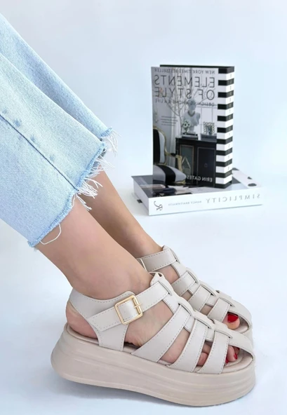 Toten Bej Cilt Kemerli Kadın Sandalet - Resim 3