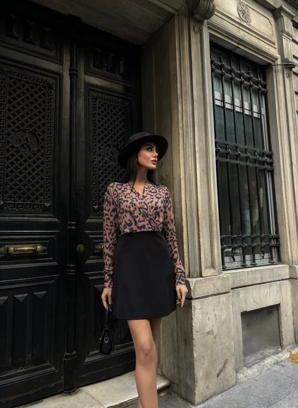 Kadın Uzun Kollu Kruvaze Yaka Krep Mini Boy Elbise - Resim 4