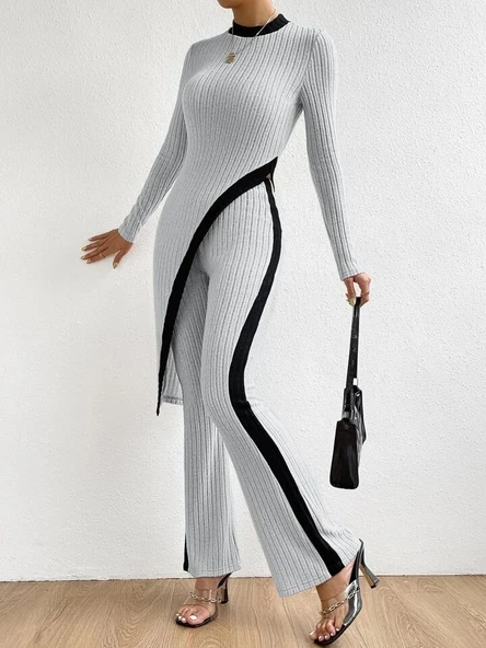 Kadın Uzun Kollu Bisiklet Yaka Asimetrik Kesim Bluz şardonlu Kaşkorse Bluz Ve Pantolon Ikili Takım ürün görseli