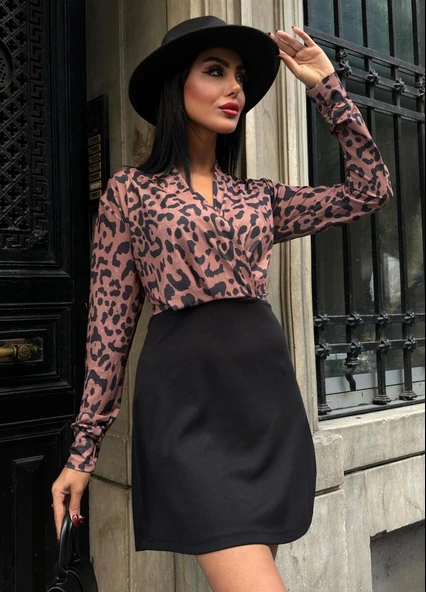 Kadın Uzun Kollu Kruvaze Yaka Krep Mini Boy Elbise ürün görseli