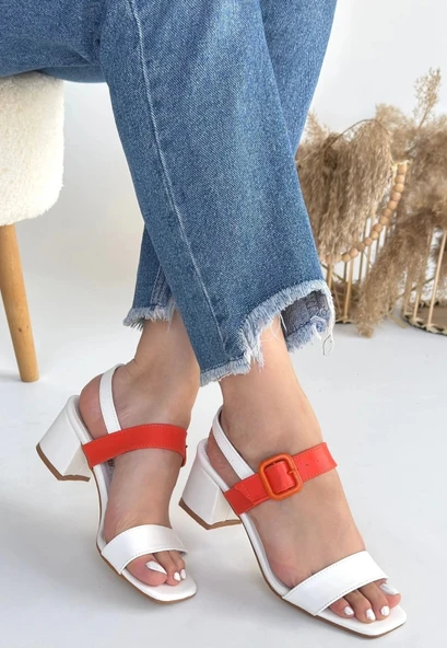 Year Beyaz Cilt Turuncu Detaylı Beyaz Kadın Topuklu Ayakkabı ürün görseli