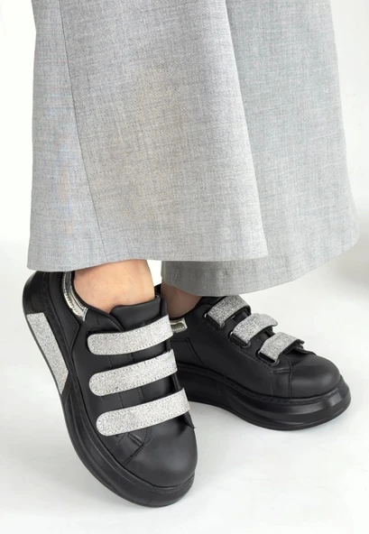 Elika Siyah Cilt Simli Cırt Cırtlı Kadın Spor Ayakkabı - Resim 2