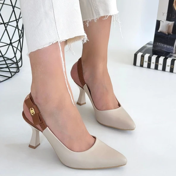 Toran Bej Cilt Kadın Topuklu Ayakkabı - Resim 4