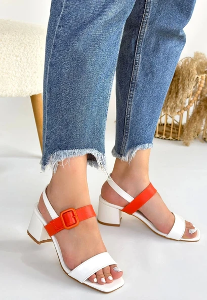 Year Beyaz Cilt Turuncu Detaylı Beyaz Kadın Topuklu Ayakkabı - Resim 3