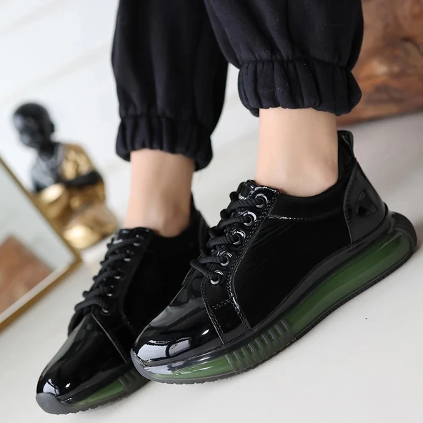 Piona Siyah Rugan Yeşil Tabanlı Kadın Spor Ayakkabı - Resim 4