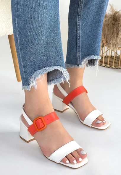 Year Beyaz Cilt Turuncu Detaylı Beyaz Kadın Topuklu Ayakkabı - Resim 2