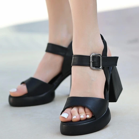 Sody Siyah Cilt Topuklu Kadın Sandalet - Resim 4