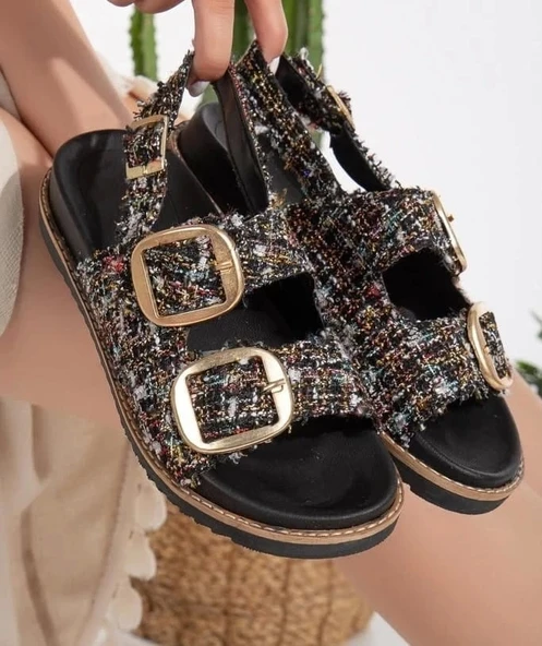 Olira Siyah Simli Kemerli Kadın Sandalet ürün görseli