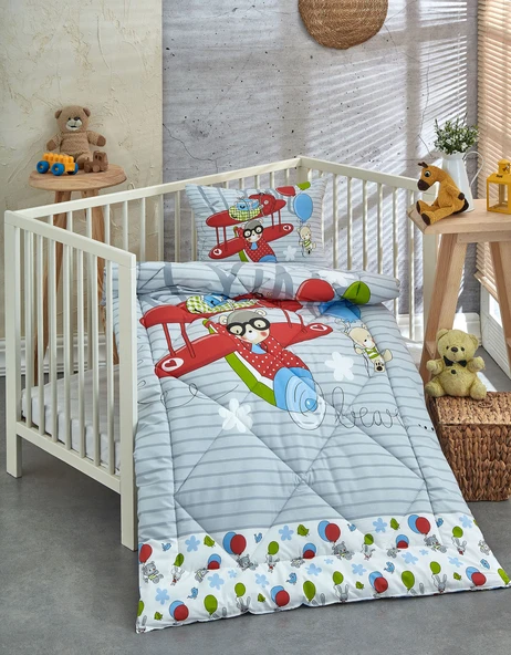 Komfort Home Baskılı %100 Pamuklu Silikon Elyaf Bebek Yorganı+Yastık - 1