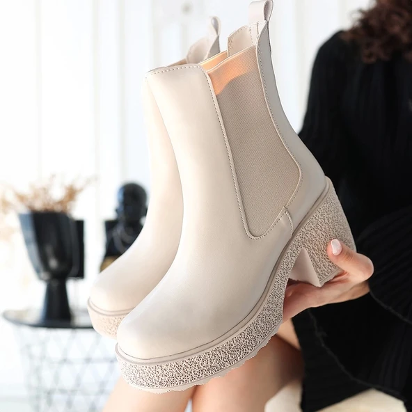 Paigo Bej Cilt Topuklu Kadın Bot - Resim 4