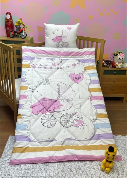 Komfort Home Baskılı %100 Pamuklu Silikon Elyaf Bebek Yorganı+Yastık ürün görseli 1
