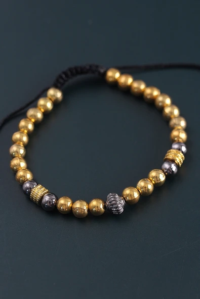 Doğal Taş Çember Model Gold Ve Füme Renk Asansörlü Erkek Bileklik - 2