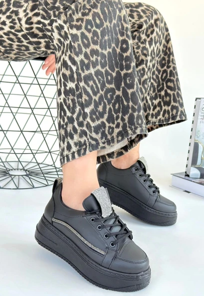 Leope Siyah Cilt Bağcıklı Kadın Spor Ayakkabı - 3