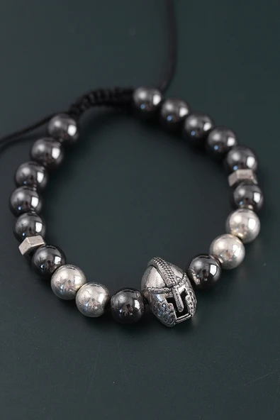 Doğal Taş Gladyatör Model Gümüş Ve Füme Renk Asansörlü Erkek Bileklik - 2