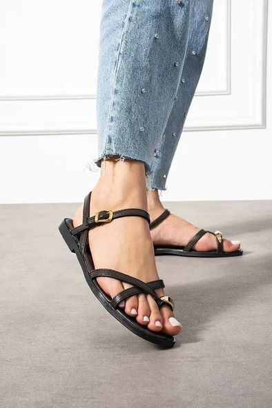 Nordi Kahverengi Cilt Kemerli Sandalet - Resim 3