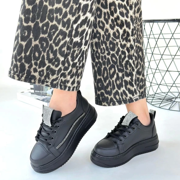 Leope Siyah Cilt Bağcıklı Kadın Spor Ayakkabı - 4