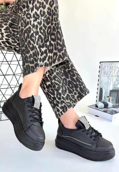 Leope Siyah Cilt Bağcıklı Kadın Spor Ayakkabı - 1