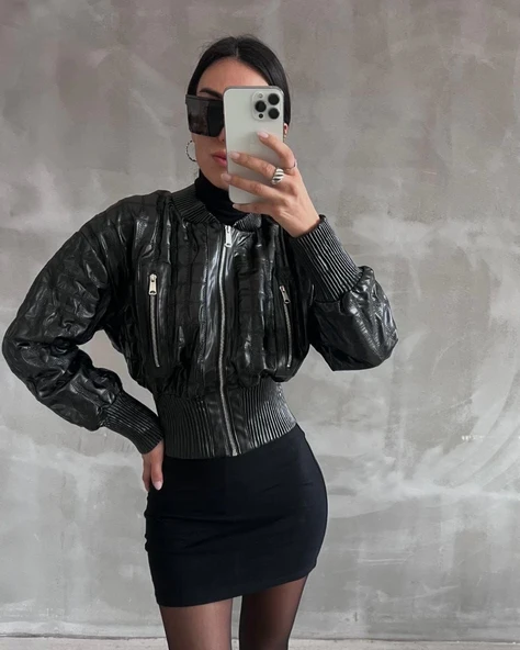 Beli büzgülü crop deri ceket siyah - 8