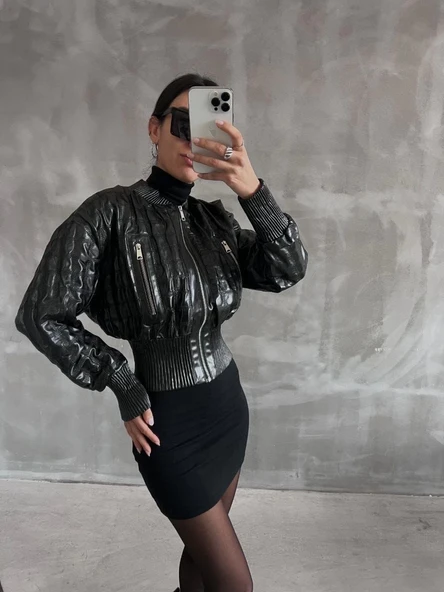 Beli büzgülü crop deri ceket siyah - 10