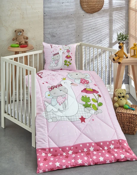 Komfort Home Baskılı %100 Pamuklu Silikon Elyaf Bebek Yorganı+Yastık - 1