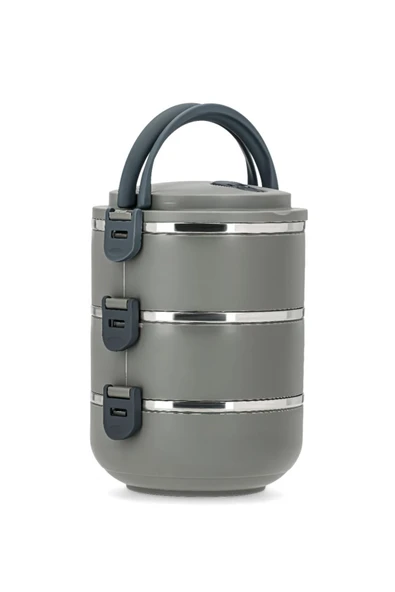 Penguen kulplu çelik sefer tası - yemek termosu saklama kabı 3 katlı gri - Resim 3