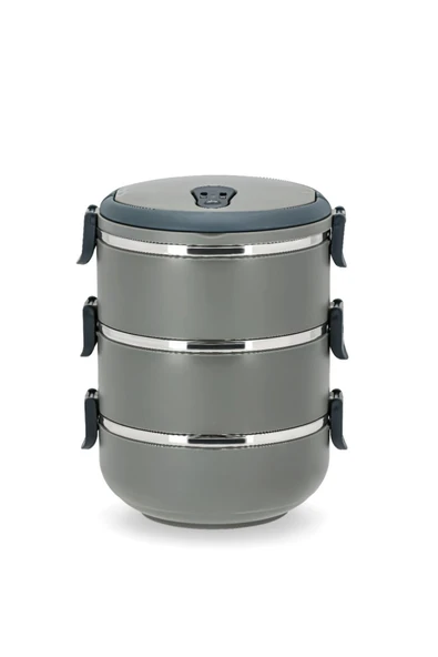 Penguen kulplu çelik sefer tası - yemek termosu saklama kabı 3 katlı gri - Resim 2