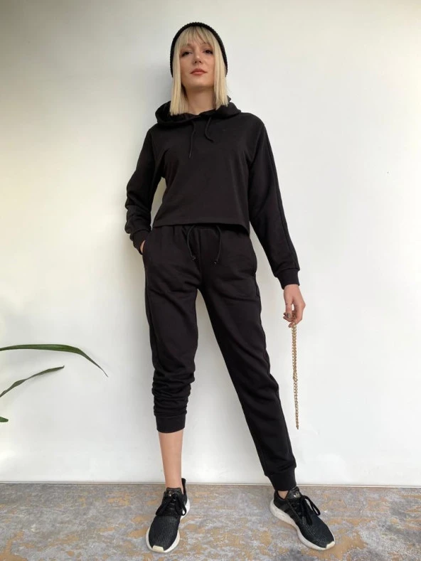 Kadın Siyah Kapüşonlu Eşofman Takımı - Resim 2