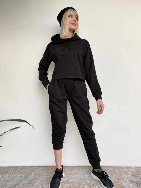 Kadın Siyah Kapüşonlu Eşofman Takımı - Resim 3