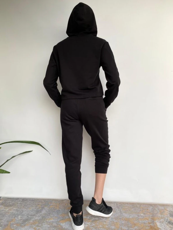 Kadın Siyah Kapüşonlu Eşofman Takımı - Resim 4