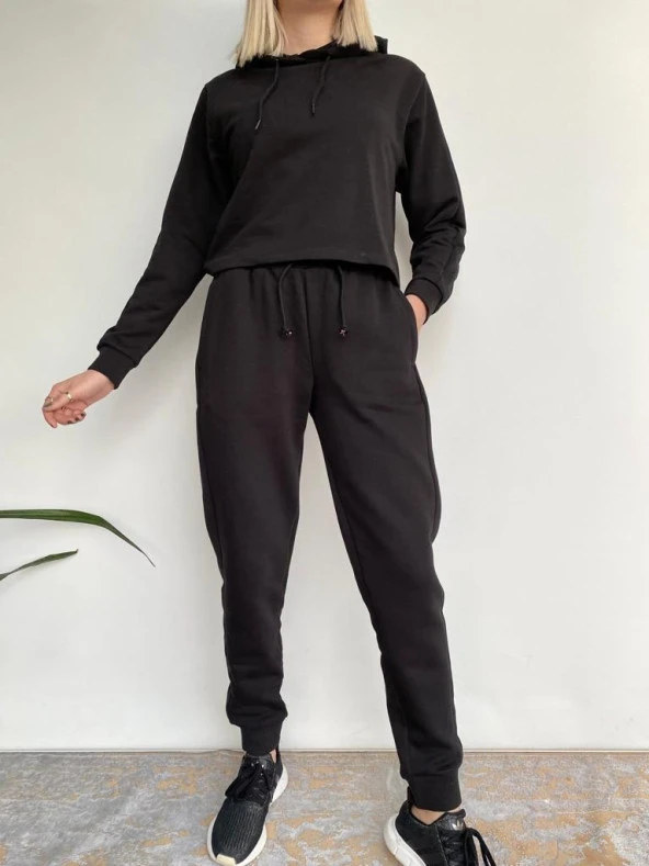 Kadın Siyah Kapüşonlu Eşofman Takımı - Resim 5