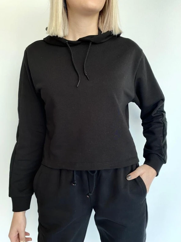 Kadın Siyah Kapüşonlu Eşofman Takımı - Resim 10