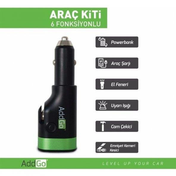 Addgo 6 Fonksiyonlu Oto Araç Şarjı Powerbank Fener Cam Çekici - 2