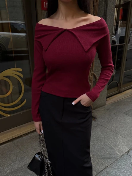 Kelebek yaka uzun kol bluz bordo - 3