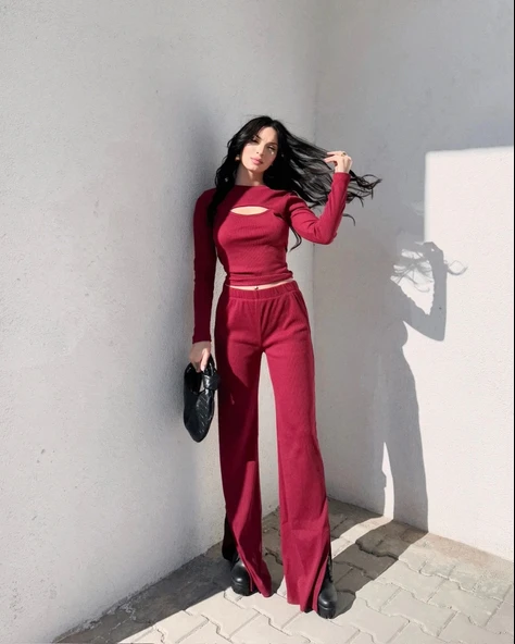 Pencereli detaylı alt üst takım bordo w3864 ürün görseli